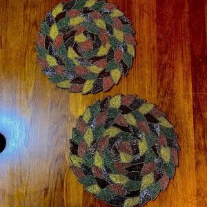 NEW 2 Beaded Thanksgiving Placemats Autumn Dinner Holiday Decor Charger 14.5”